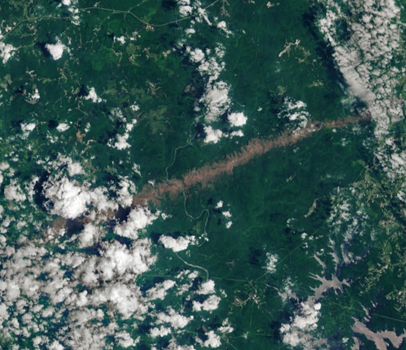  June 4, 2025 image from NASA OLI-2 on Landsat 9 showing tornado path through Daniel Boone National Forest.